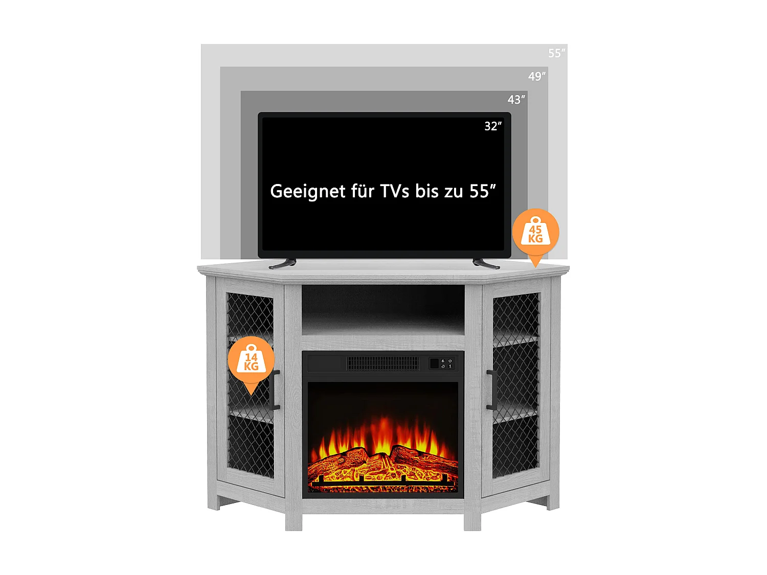 Parrot Uncle TV-Schrank für Fernseher bis 55 Zoll, MDF, Grau , mit 18" Elektrokamin, eignet sich für Eckaufstellung, 114x 56x 76 cm, 45 kg Tragkraft