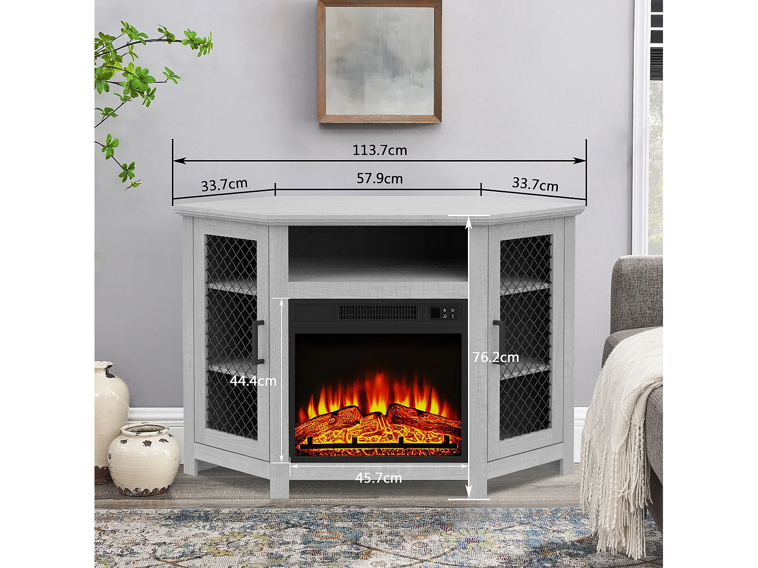 Parrot Uncle TV-Schrank für Fernseher bis 55 Zoll, MDF, Grau , mit 18" Elektrokamin, eignet sich für Eckaufstellung, 114x 56x 76 cm, 45 kg Tragkraft