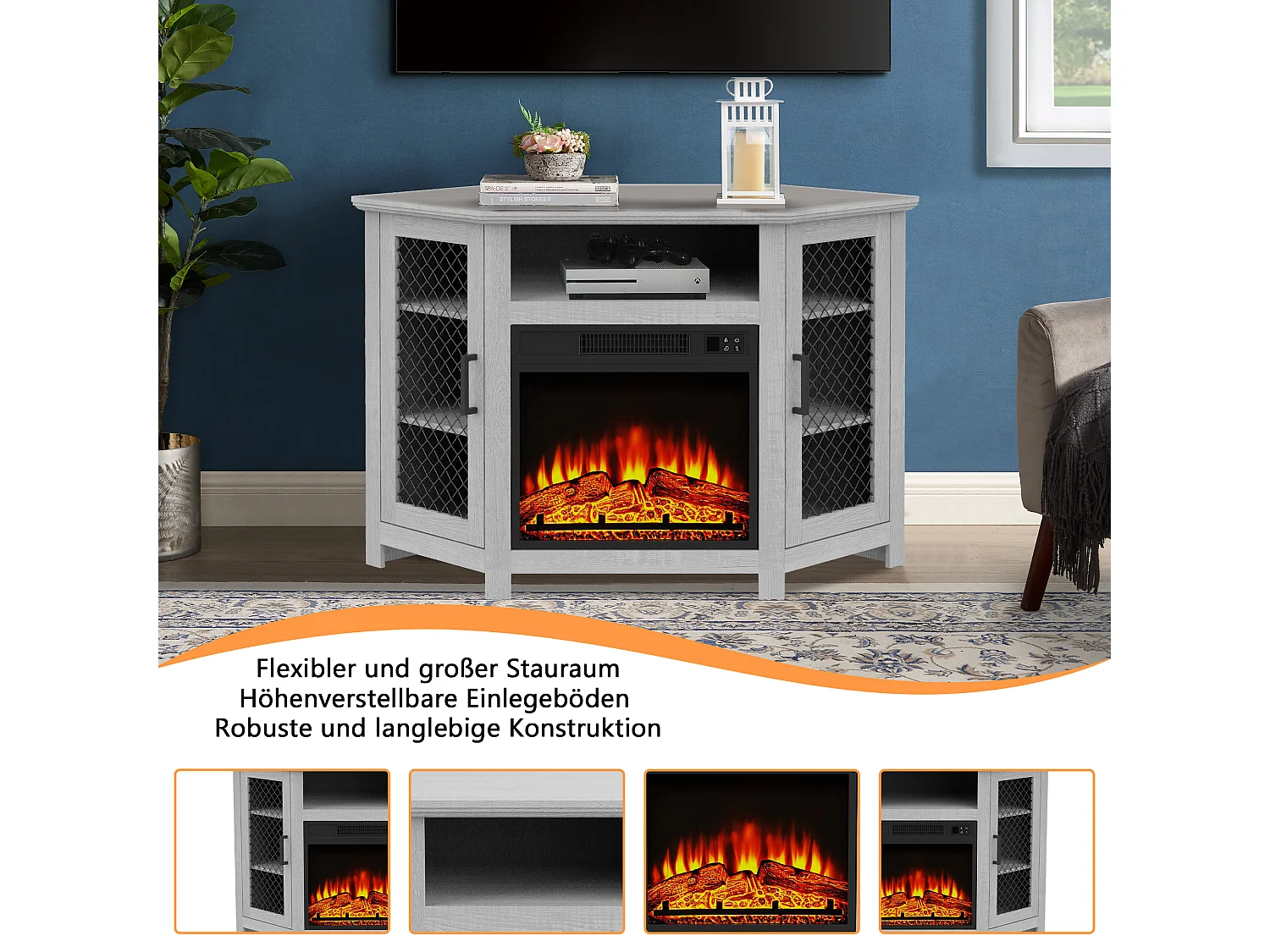 Parrot Uncle TV-Schrank für Fernseher bis 55 Zoll, MDF, Grau , mit 18" Elektrokamin, eignet sich für Eckaufstellung, 114x 56x 76 cm, 45 kg Tragkraft