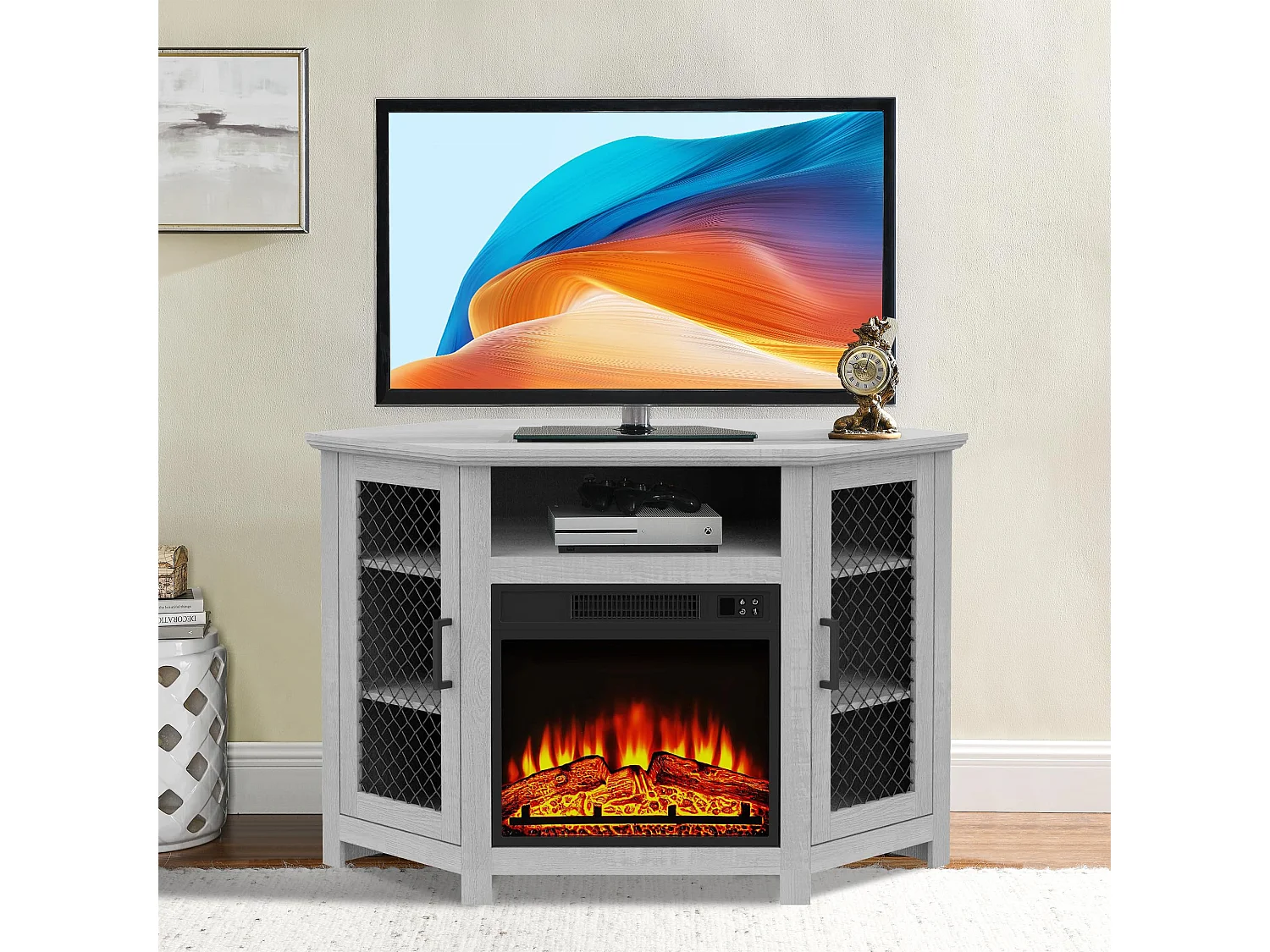 Parrot Uncle TV-Schrank für Fernseher bis 55 Zoll, MDF, Grau , mit 18" Elektrokamin, eignet sich für Eckaufstellung, 114x 56x 76 cm, 45 kg Tragkraft