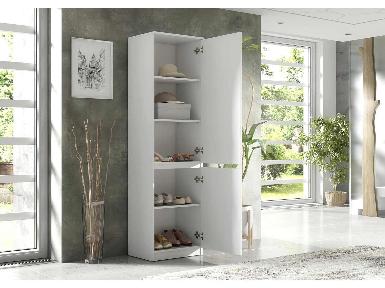 Hoher weißer Schuhschrank, 180 cm – Schmaler Aufbewahrungsschrank mit 2 Türen und Einlegeböden, moderner, platzsparender Flurschrank, 50 x 39 x 180 cm