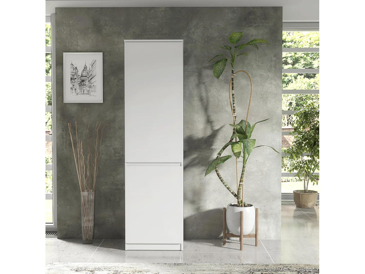 Hoher weißer Schuhschrank, 180 cm – Schmaler Aufbewahrungsschrank mit 2 Türen und Einlegeböden, moderner, platzsparender Flurschrank, 50 x 39 x 180 cm