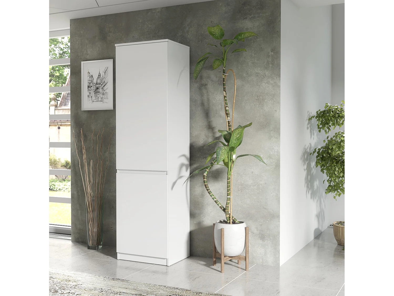 Hoher weißer Schuhschrank, 180 cm – Schmaler Aufbewahrungsschrank mit 2 Türen und Einlegeböden, moderner, platzsparender Flurschrank, 50 x 39 x 180 cm