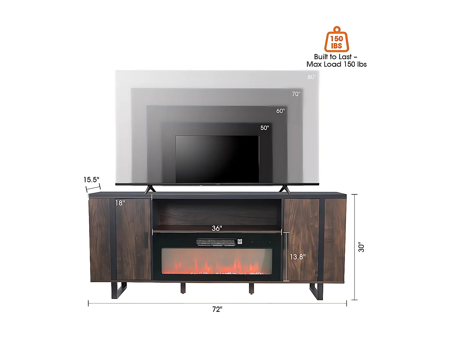 Parrot Uncle 183cm breiter TV-Ständer mit elektrischem Kamin, realistischem Flammeneffekt, einstellbarer Temperatur und Timer