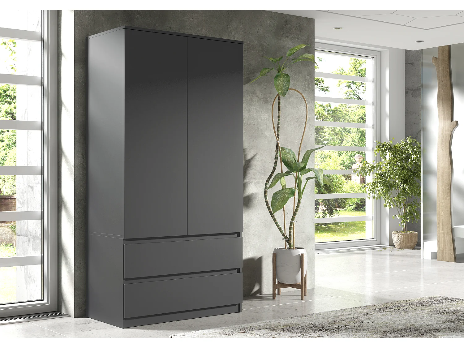 Schlafzimmerschrank Anthrazit 180 cm – begehbarer Kleiderschrank mit Kleiderstange und 2 Schubladen, Aufbewahrungsmöbel mit einer Breite 180 x 90 x 50 cm