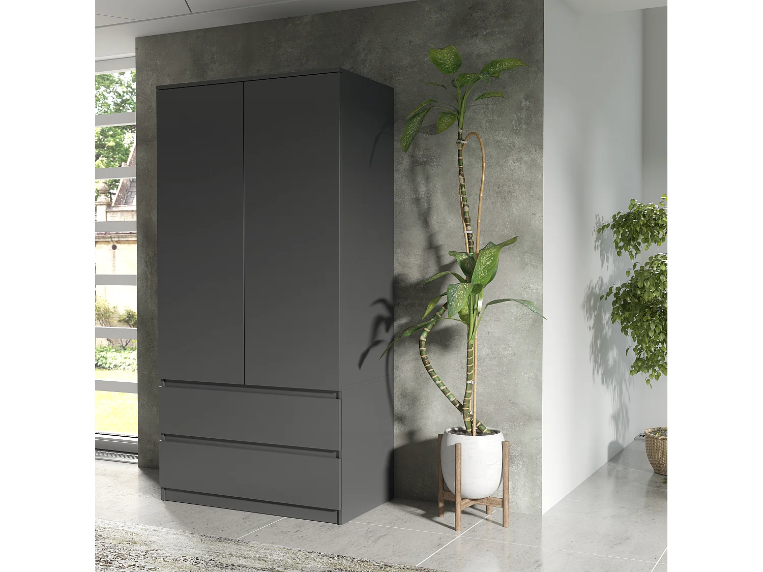 Schlafzimmerschrank Anthrazit 180 cm – begehbarer Kleiderschrank mit Kleiderstange und 2 Schubladen, Aufbewahrungsmöbel mit einer Breite 180 x 90 x 50 cm