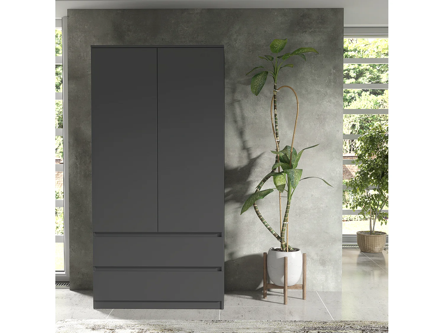 Schlafzimmerschrank Anthrazit 180 cm – begehbarer Kleiderschrank mit Kleiderstange und 2 Schubladen, Aufbewahrungsmöbel mit einer Breite 180 x 90 x 50 cm