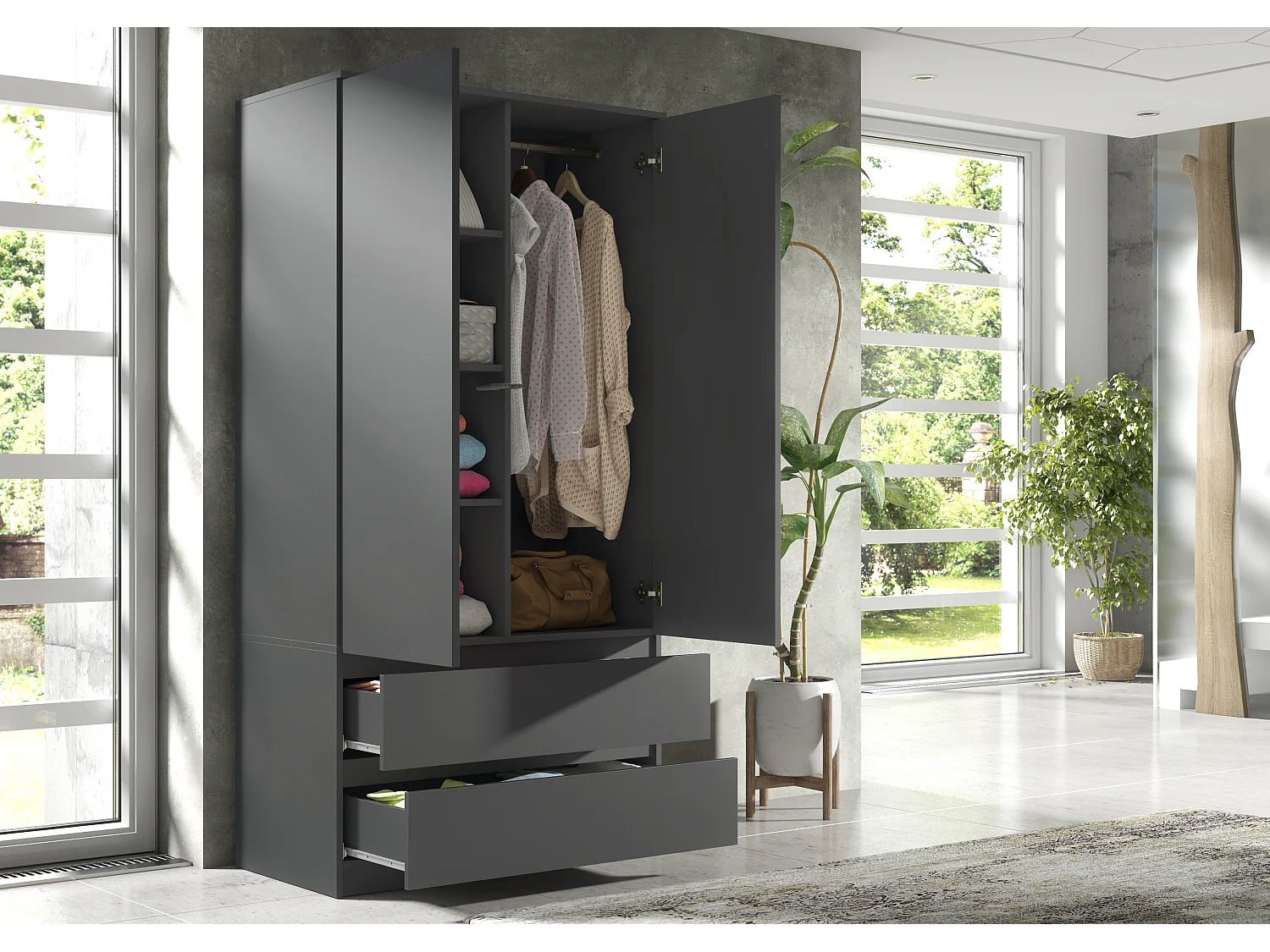 Schlafzimmerschrank Anthrazit 180 cm – begehbarer Kleiderschrank mit Kleiderstange und 2 Schubladen, Aufbewahrungsmöbel mit einer Breite 180 x 90 x 50 cm