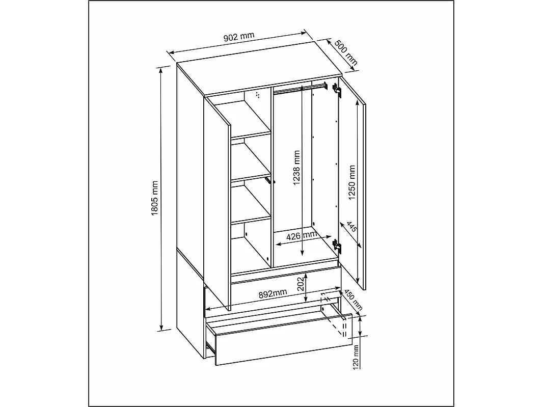 Kleiderschrank für das Schlafzimmer, 180 cm – Kleiderschrank mit Kleiderstange und 2 Schubladen, Aufbewahrungsmöbel für das Elternschlafzimmer  180 x 90 x 50 cm