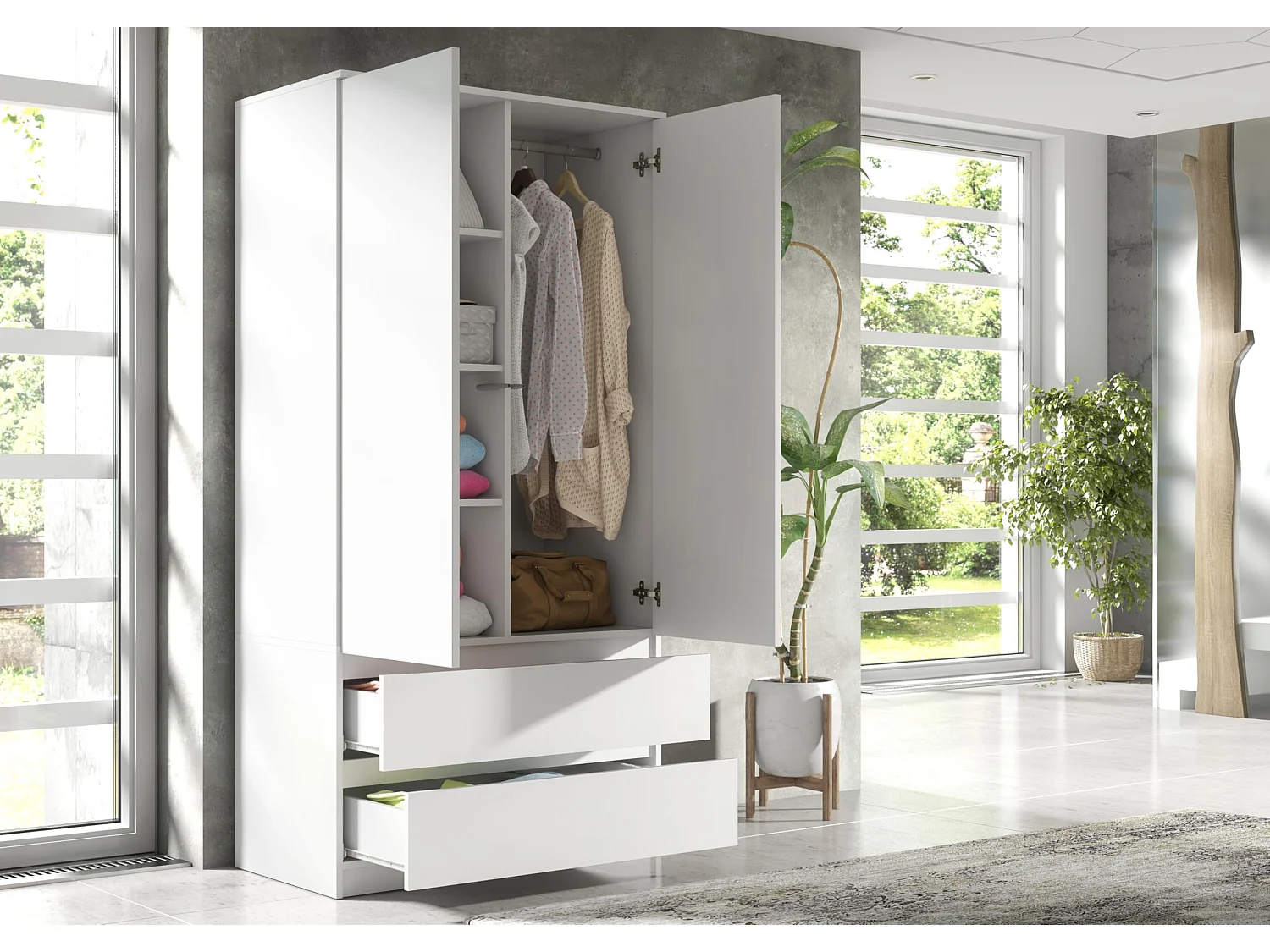 Kleiderschrank für das Schlafzimmer, 180 cm – Kleiderschrank mit Kleiderstange und 2 Schubladen, Aufbewahrungsmöbel für das Elternschlafzimmer  180 x 90 x 50 cm