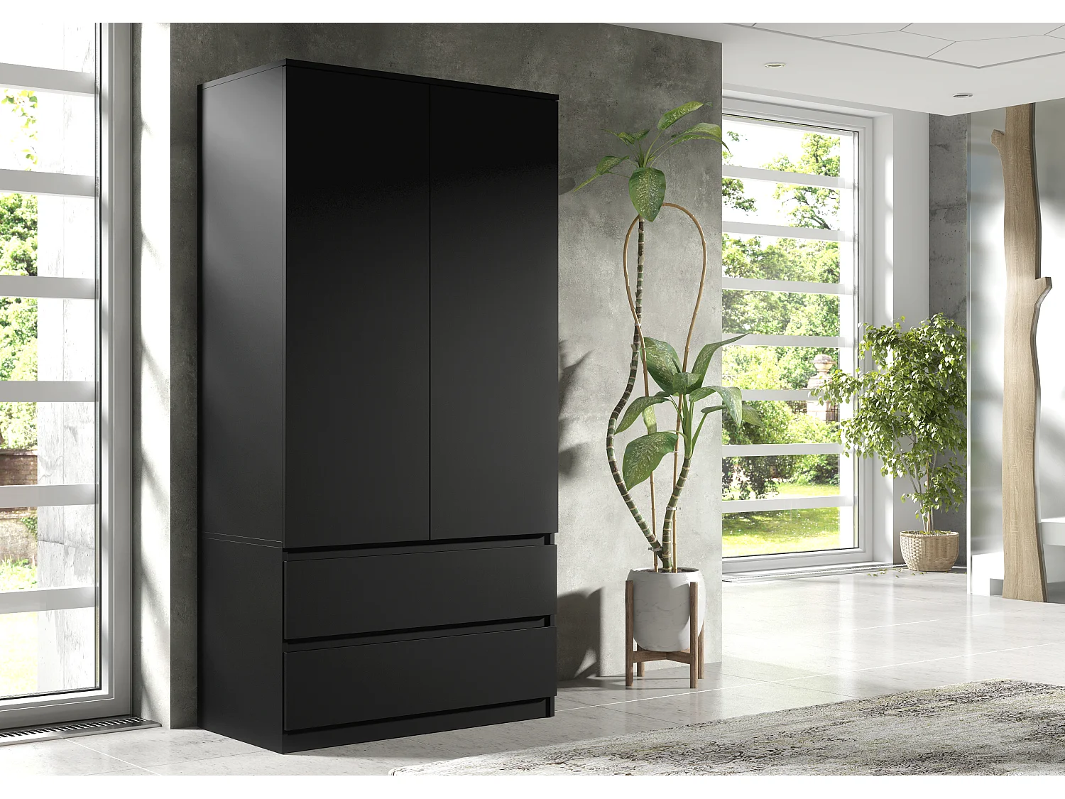 Armoire de Chambre Noir 180 cm – Dressing avec Penderie et 2 Tiroirs, Meuble de Rangement pour Chambre Adulte, Largeur 90 cm, Placard Moderne 180x90x50 cm