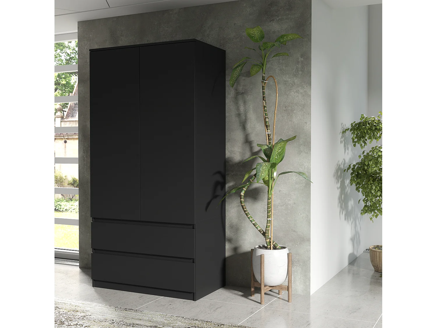 Armoire de Chambre Noir 180 cm – Dressing avec Penderie et 2 Tiroirs, Meuble de Rangement pour Chambre Adulte, Largeur 90 cm, Placard Moderne 180x90x50 cm
