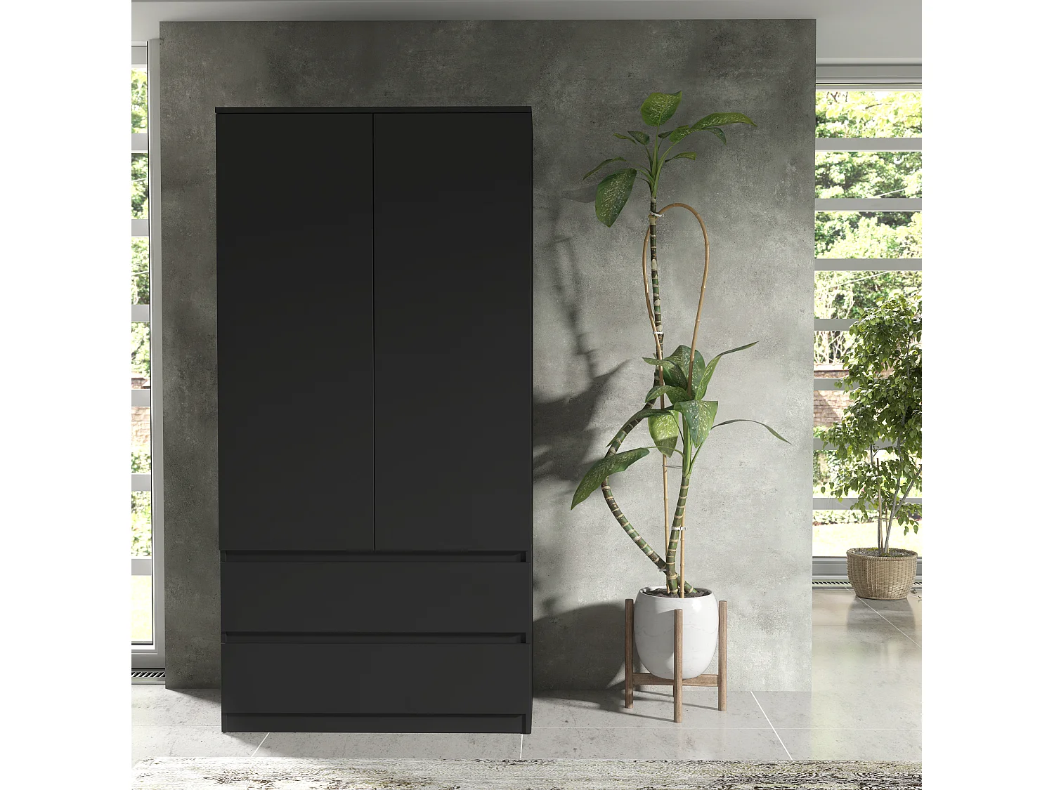 Armoire de Chambre Noir 180 cm – Dressing avec Penderie et 2 Tiroirs, Meuble de Rangement pour Chambre Adulte, Largeur 90 cm, Placard Moderne 180x90x50 cm