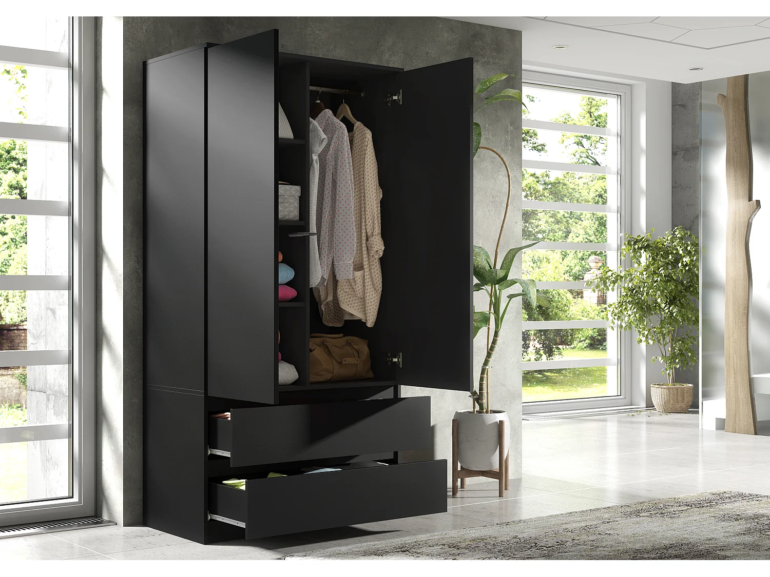 Armoire de Chambre Noir 180 cm – Dressing avec Penderie et 2 Tiroirs, Meuble de Rangement pour Chambre Adulte, Largeur 90 cm, Placard Moderne 180x90x50 cm