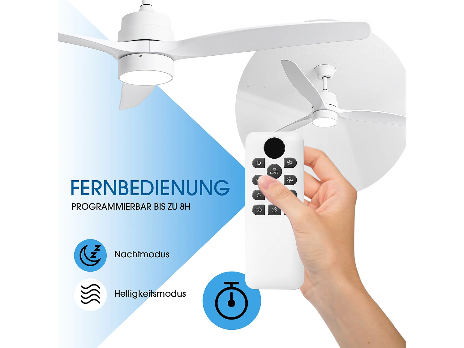 Parrot Uncle Deckenventilator mit LED-Licht, 132 cm, DC-Motor, 6 Geschwindigkeiten, Pendelstab, leise, inkl. Fernbedienung, mattweiß