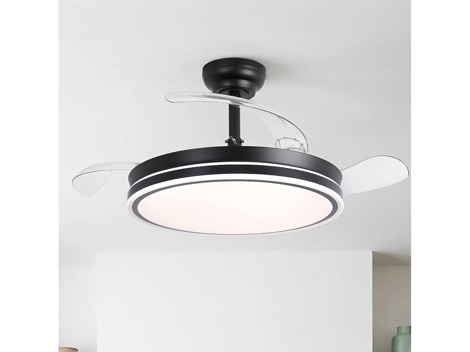Parrot Uncle Deckenventilator mit LED-Licht, 100 cm, DC-Motor, 6 Geschwindigkeiten, transparente Flügel, Pendelstab, leise, inkl. Fernbedienung, matt schwarz