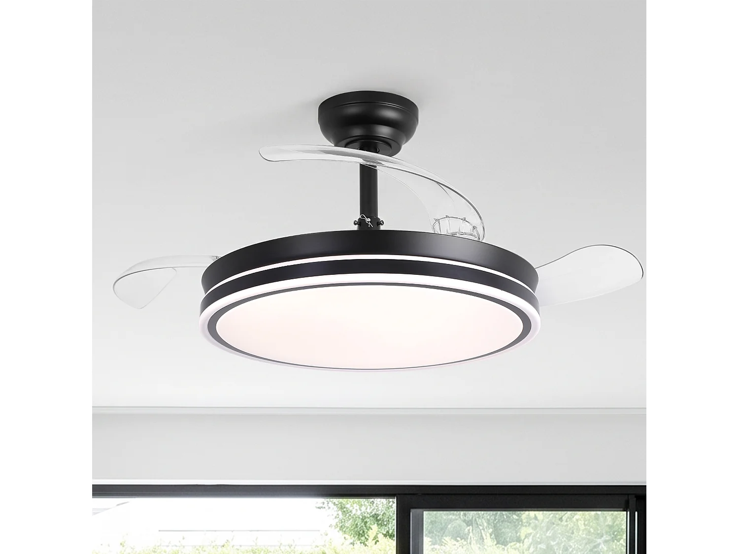 Parrot Uncle Deckenventilator mit LED-Licht, 100 cm, DC-Motor, 6 Geschwindigkeiten, transparente Flügel, Pendelstab, leise, inkl. Fernbedienung, matt schwarz