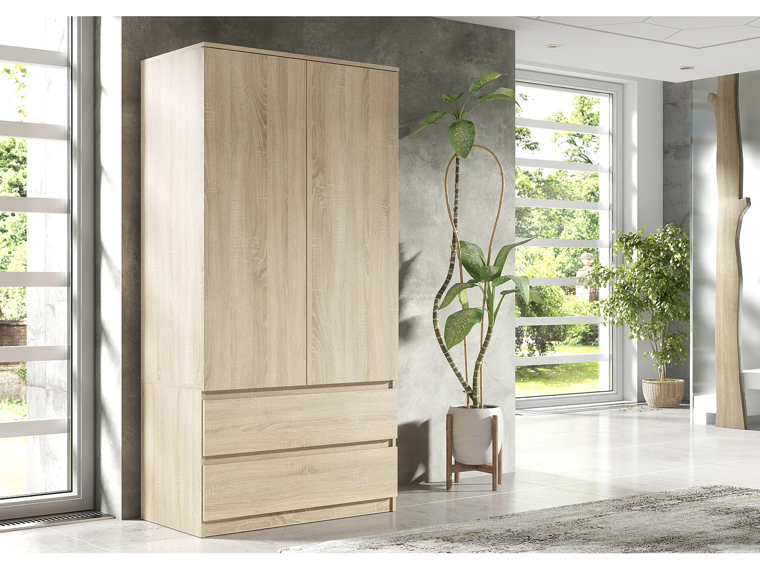 Schlafzimmerschrank Sonoma 180 cm – Kleiderschrank mit Kleiderstange und 2 Schubladen, Aufbewahrungsmöbel für das Elternschlafzimmer 180 x 90 x 50 cm