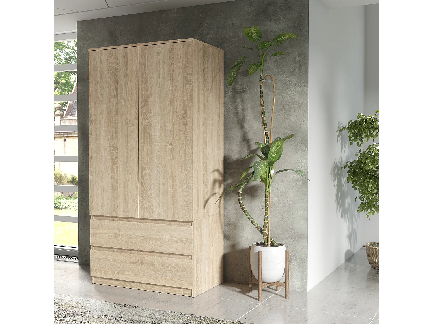 Schlafzimmerschrank Sonoma 180 cm – Kleiderschrank mit Kleiderstange und 2 Schubladen, Aufbewahrungsmöbel für das Elternschlafzimmer 180 x 90 x 50 cm