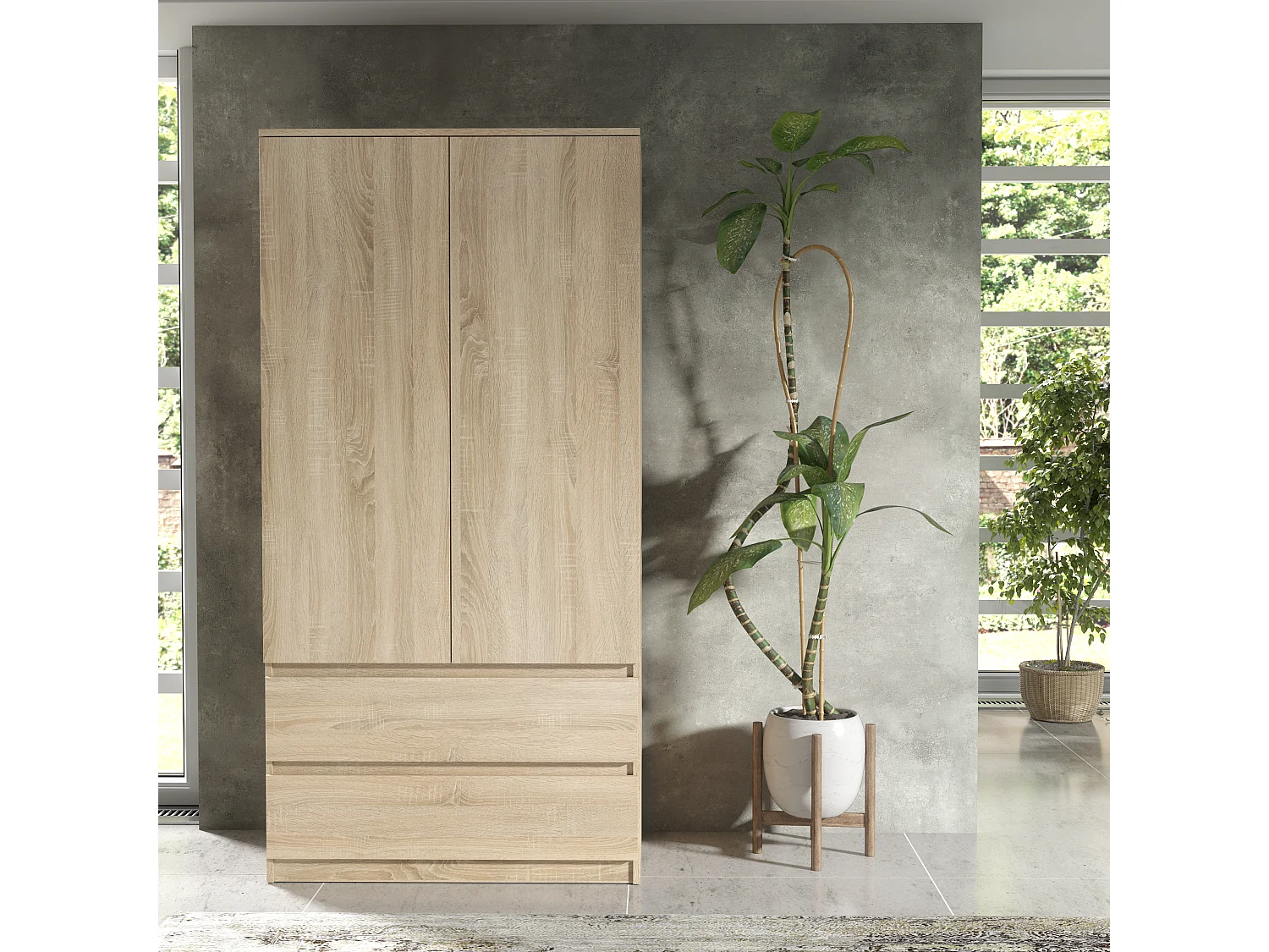Schlafzimmerschrank Sonoma 180 cm – Kleiderschrank mit Kleiderstange und 2 Schubladen, Aufbewahrungsmöbel für das Elternschlafzimmer 180 x 90 x 50 cm