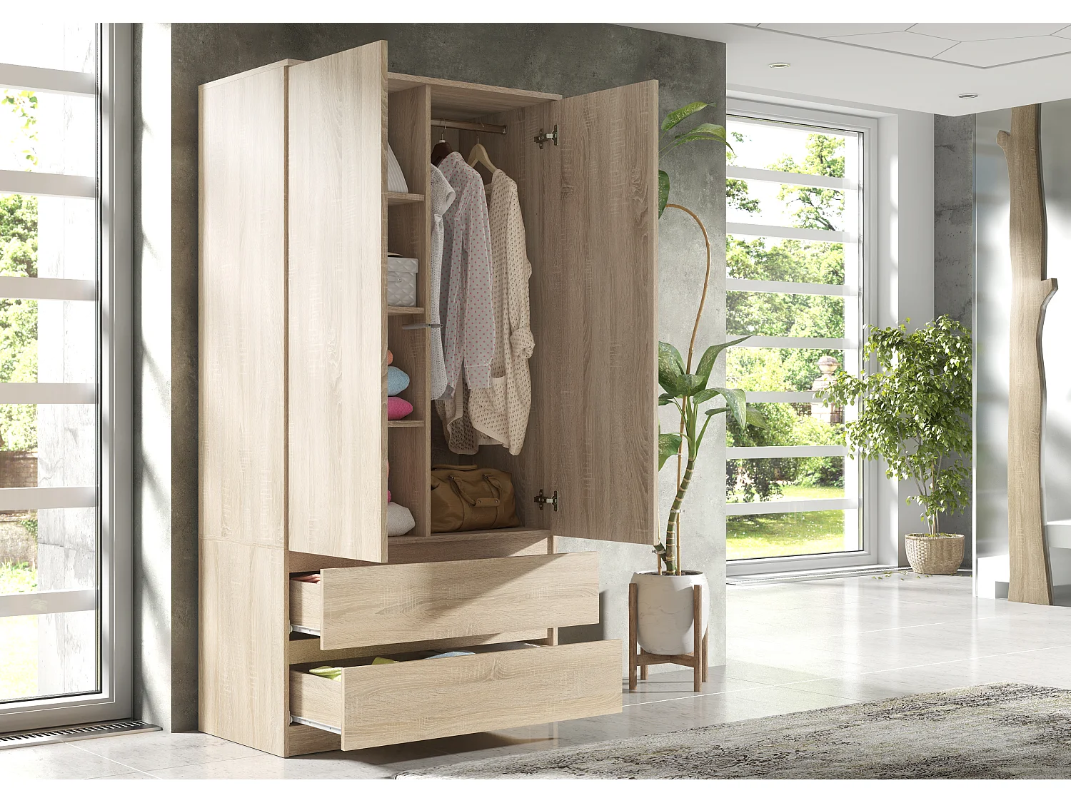 Schlafzimmerschrank Sonoma 180 cm – Kleiderschrank mit Kleiderstange und 2 Schubladen, Aufbewahrungsmöbel für das Elternschlafzimmer 180 x 90 x 50 cm
