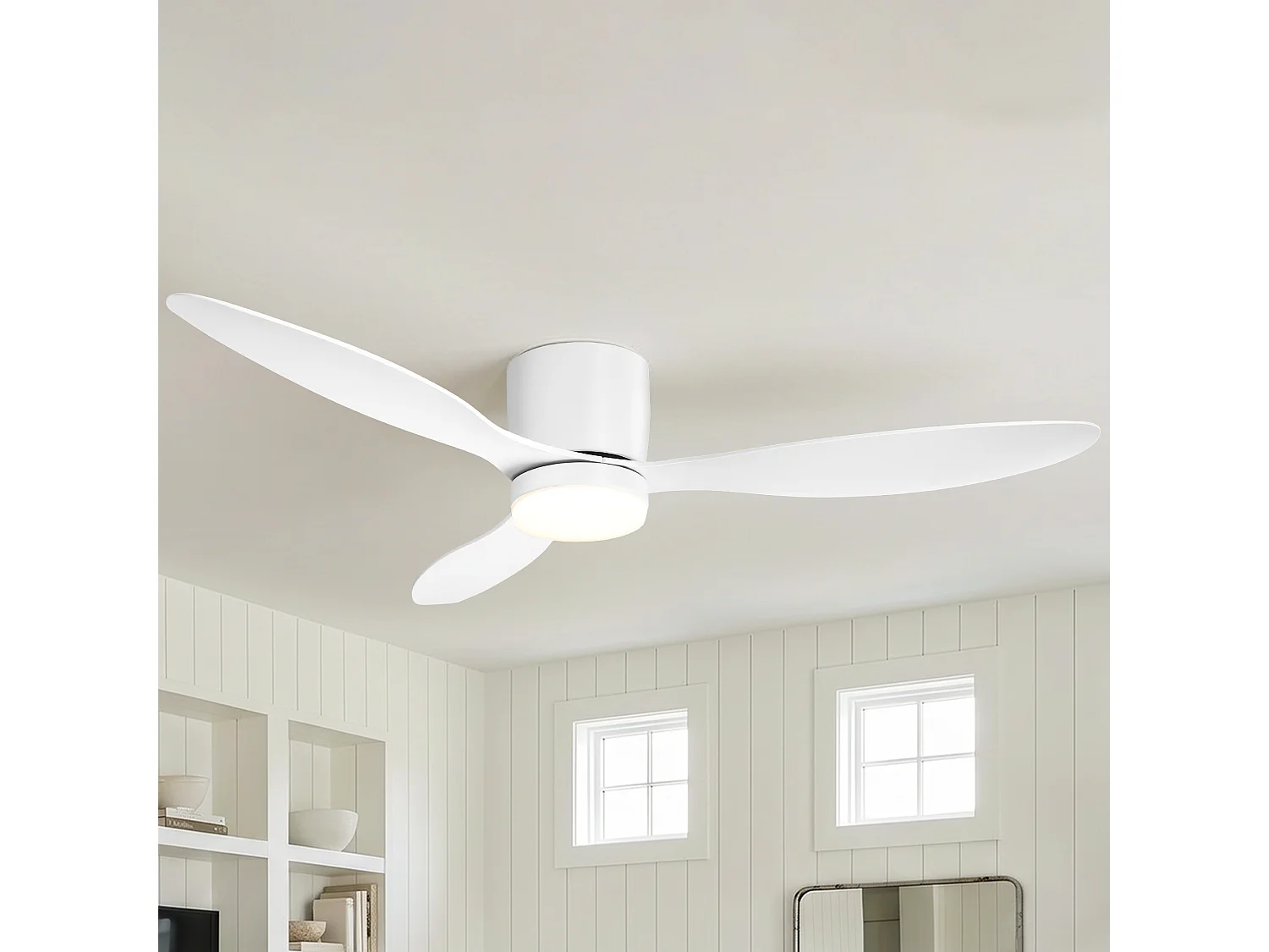 Parrot Uncle Deckenventilator mit LED-Licht, 132 cm, DC-Motor, 6 Geschwindigkeiten, flach an der Decke, leise, inkl. Fernbedienung, mattweiß