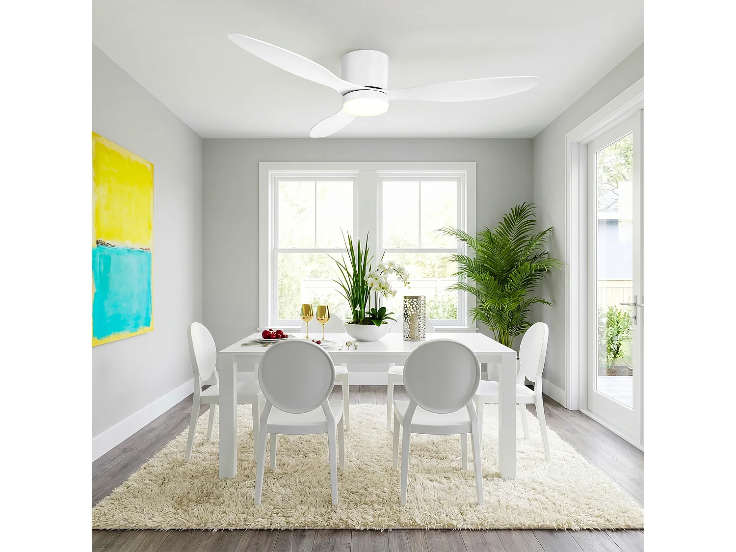 Parrot Uncle Deckenventilator mit LED-Licht, 132 cm, DC-Motor, 6 Geschwindigkeiten, flach an der Decke, leise, inkl. Fernbedienung, mattweiß