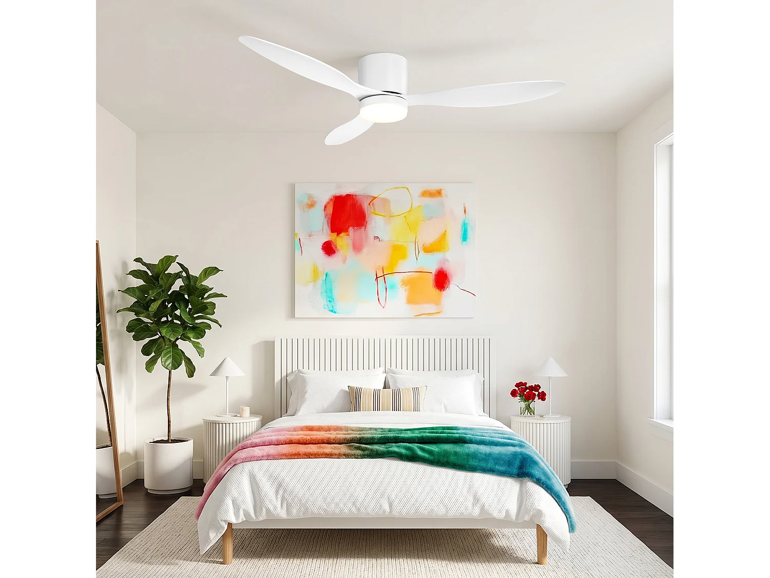 Parrot Uncle Deckenventilator mit LED-Licht, 132 cm, DC-Motor, 6 Geschwindigkeiten, flach an der Decke, leise, inkl. Fernbedienung, mattweiß