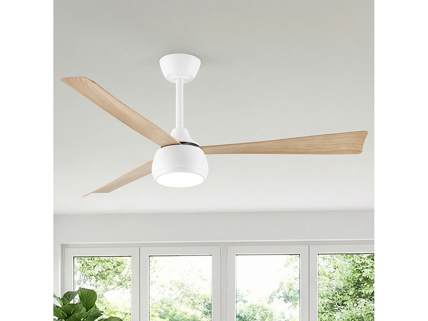 Parrot Uncle Ventilateur de plafond avec éclairage LED, diamètre 132 cm, blanc et imitation bois, 6 vitesses, dimmable