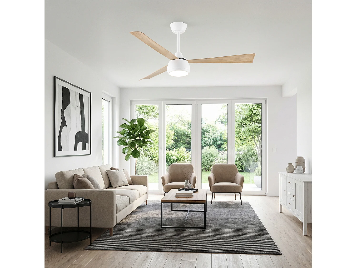 Parrot Uncle Ventilateur de plafond avec éclairage LED, diamètre 132 cm, blanc et imitation bois, 6 vitesses, dimmable