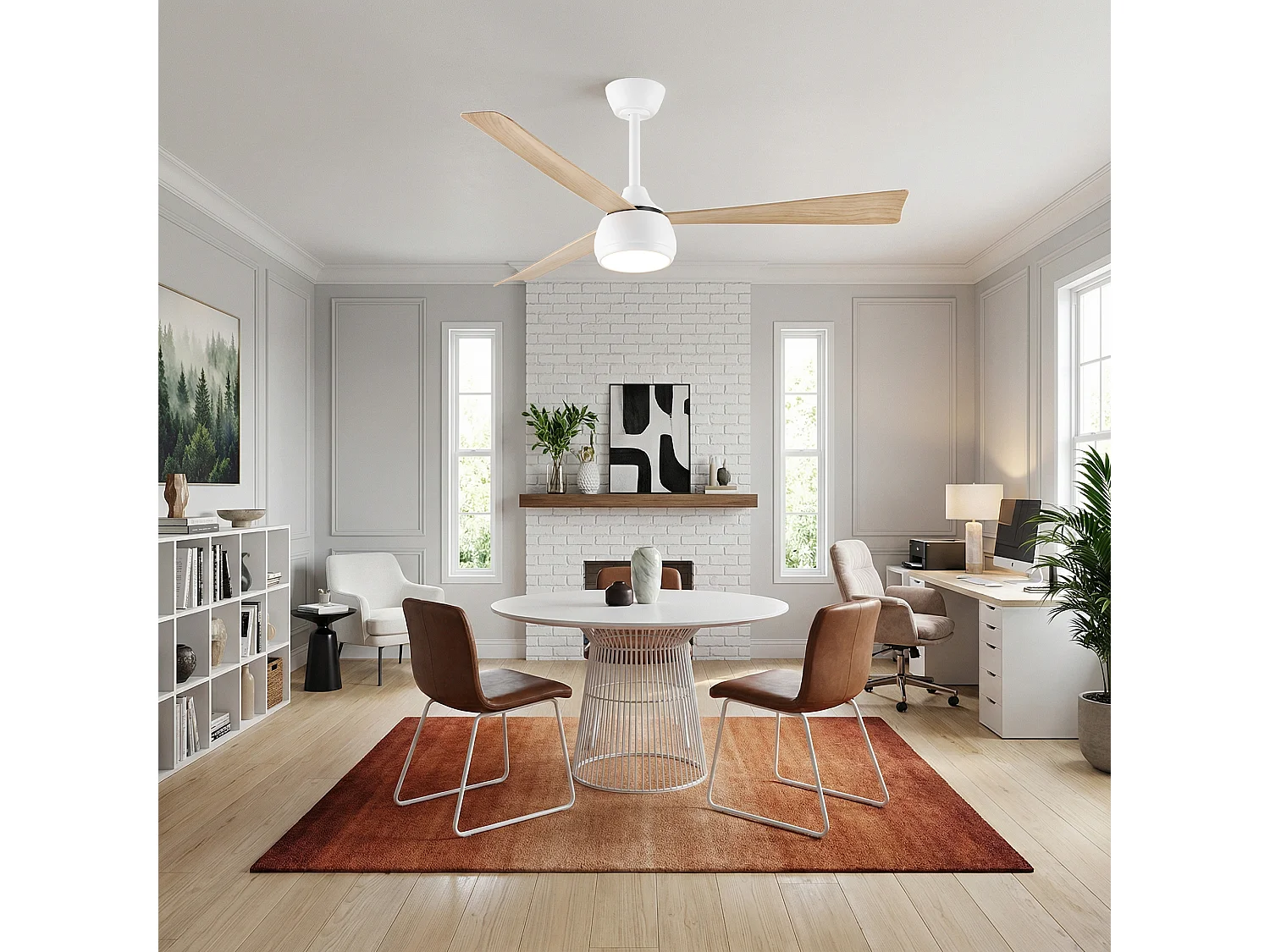 Parrot Uncle Ventilateur de plafond avec éclairage LED, diamètre 132 cm, blanc et imitation bois, 6 vitesses, dimmable
