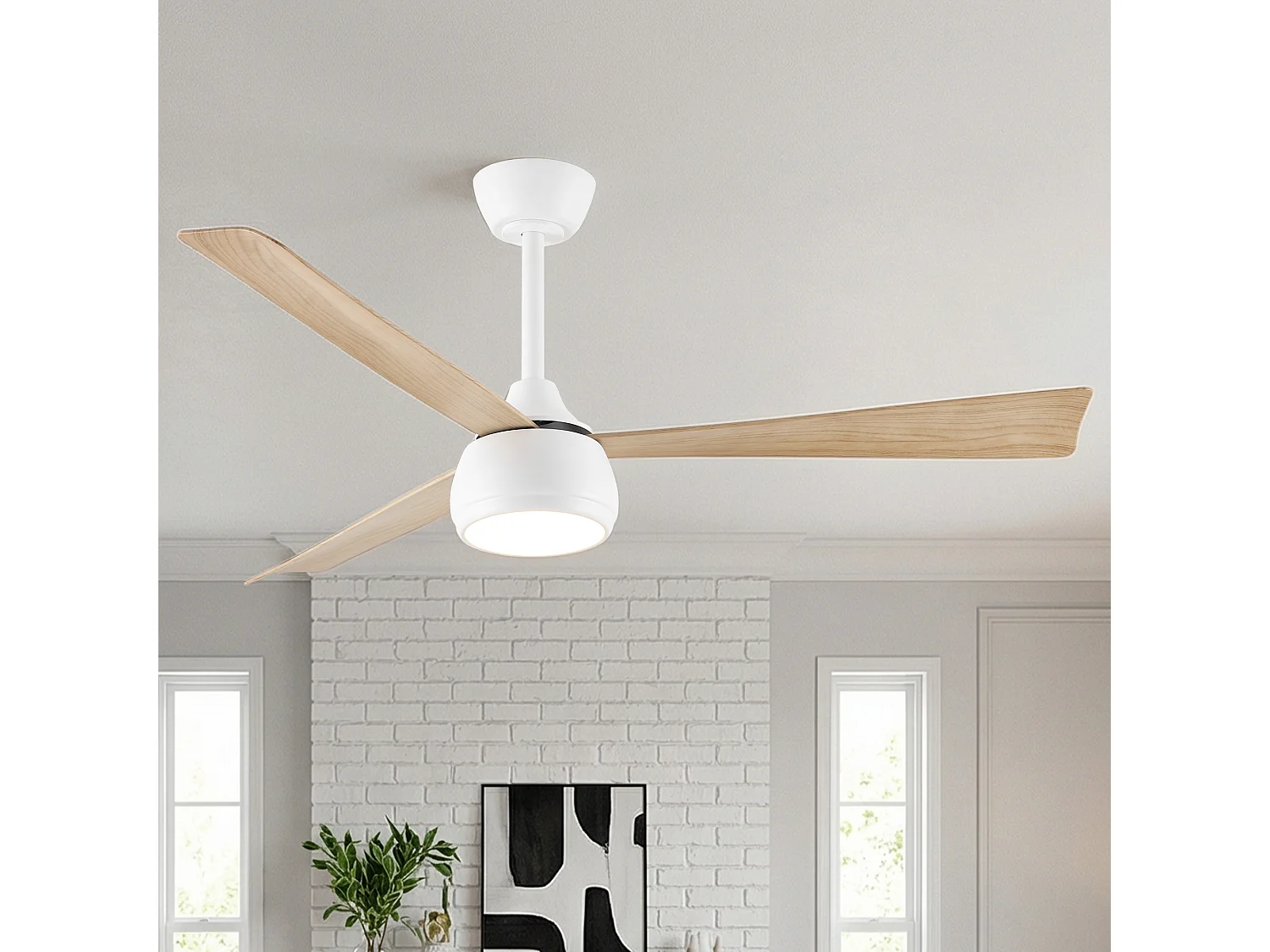 Parrot Uncle Ventilateur de plafond avec éclairage LED, diamètre 132 cm, blanc et imitation bois, 6 vitesses, dimmable