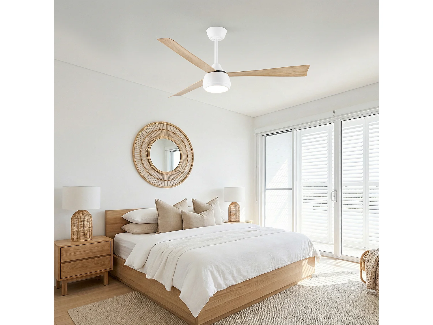 Parrot Uncle Ventilateur de plafond avec éclairage LED, diamètre 132 cm, blanc et imitation bois, 6 vitesses, dimmable