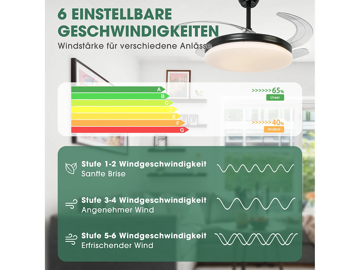 Parrot Uncle Deckenventilator mit LED-Licht, 100 cm, DC-Motor, 6 Geschwindigkeiten, transparente Flügel, Pendelstab, leise, inkl. Fernbedienung, matt schwarz