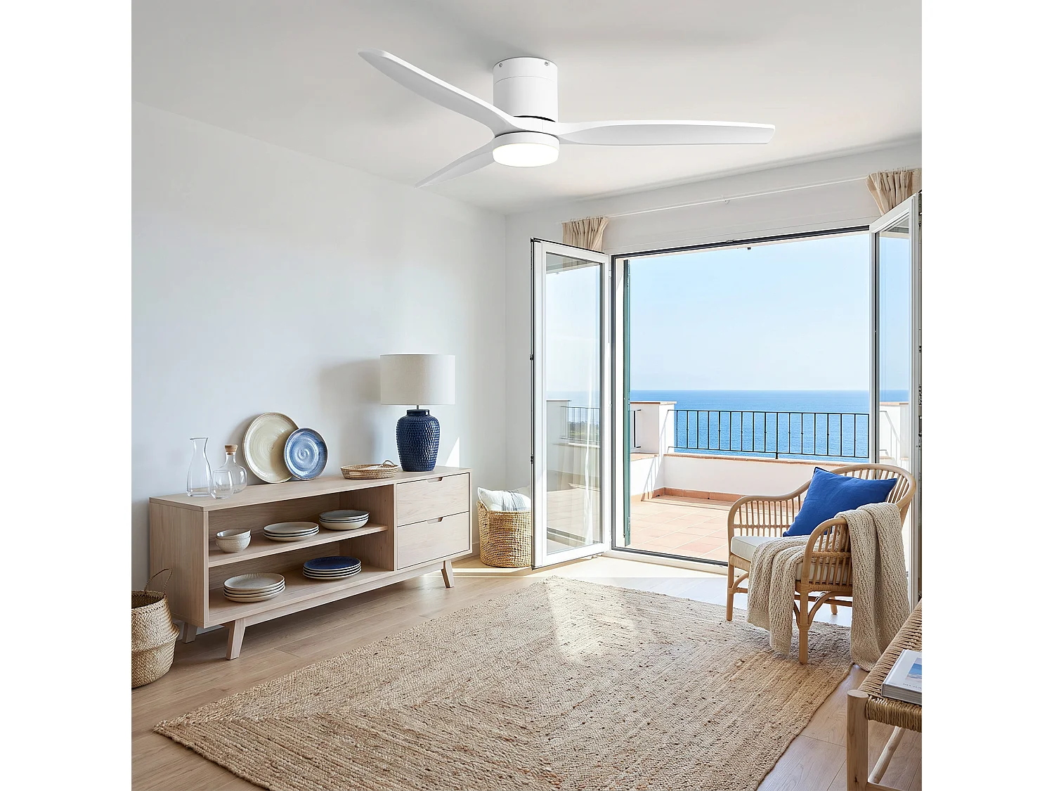 Parrot Uncle Deckenventilator mit LED-Licht, 132 cm, DC-Motor, 6 Geschwindigkeiten, flach an der Decke, leise, inkl. Fernbedienung, mattweiß