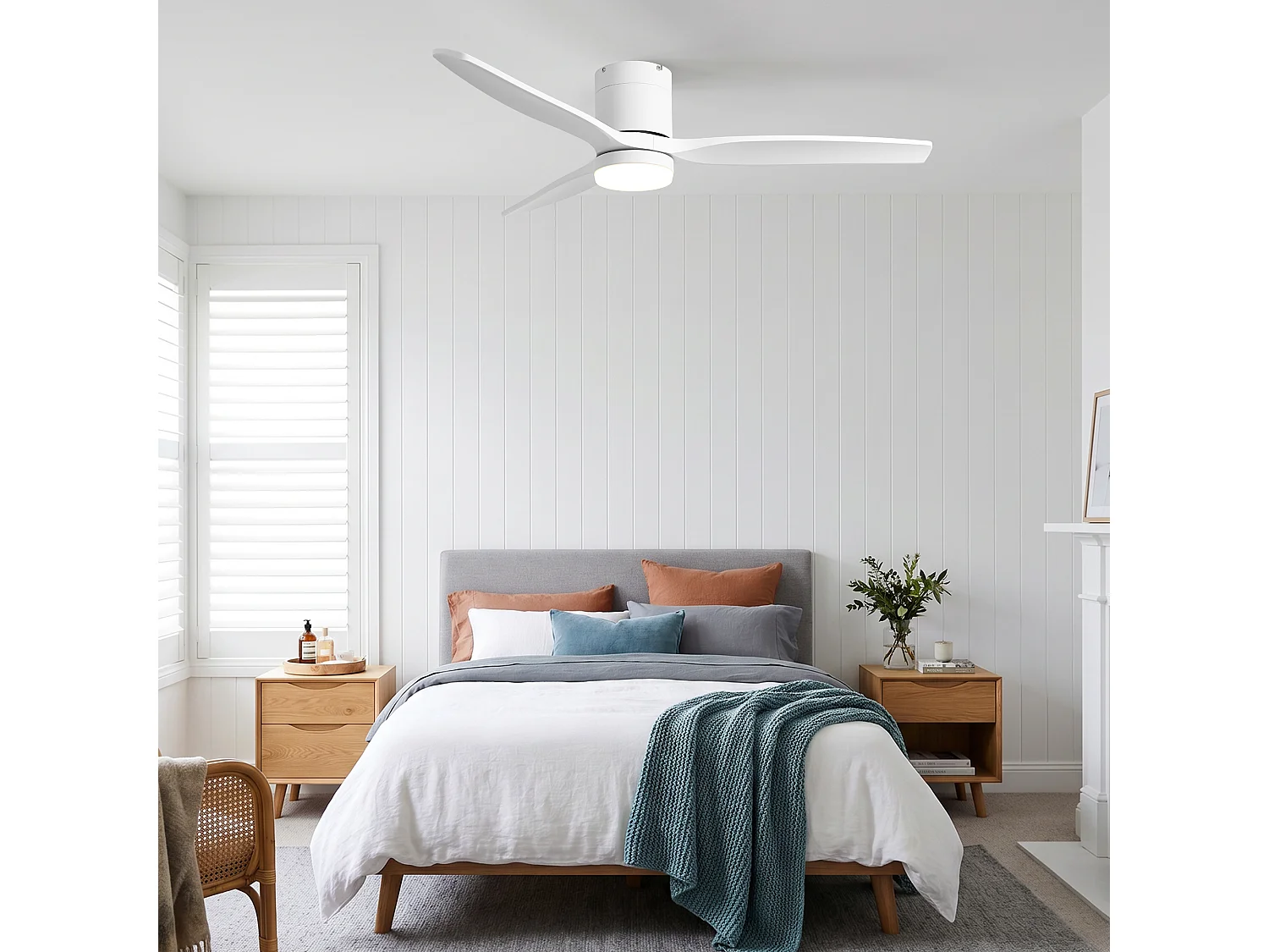 Parrot Uncle Deckenventilator mit LED-Licht, 132 cm, DC-Motor, 6 Geschwindigkeiten, flach an der Decke, leise, inkl. Fernbedienung, mattweiß