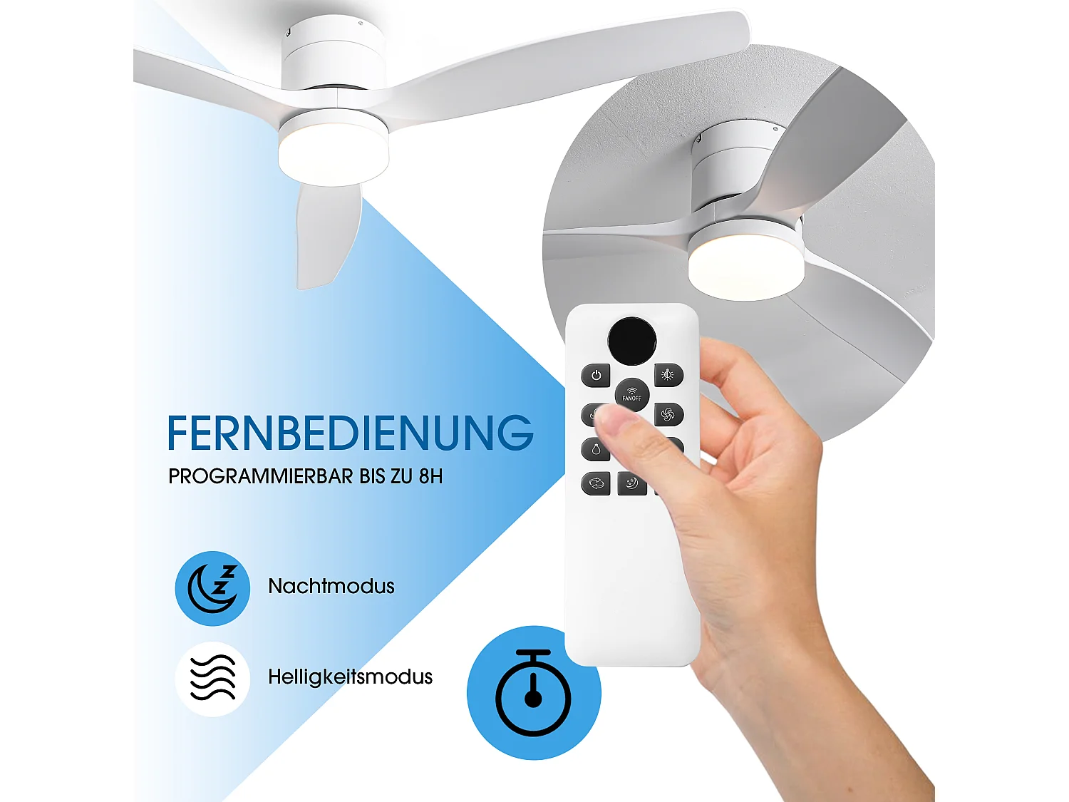 Parrot Uncle Deckenventilator mit LED-Licht, 132 cm, DC-Motor, 6 Geschwindigkeiten, flach an der Decke, leise, inkl. Fernbedienung, mattweiß
