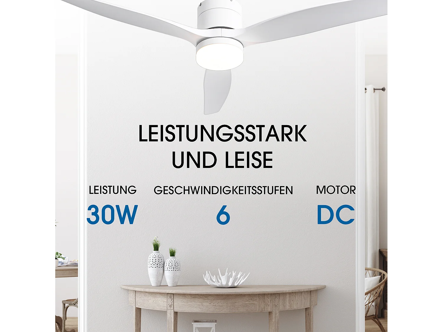 Parrot Uncle Deckenventilator mit LED-Licht, 132 cm, DC-Motor, 6 Geschwindigkeiten, flach an der Decke, leise, inkl. Fernbedienung, mattweiß