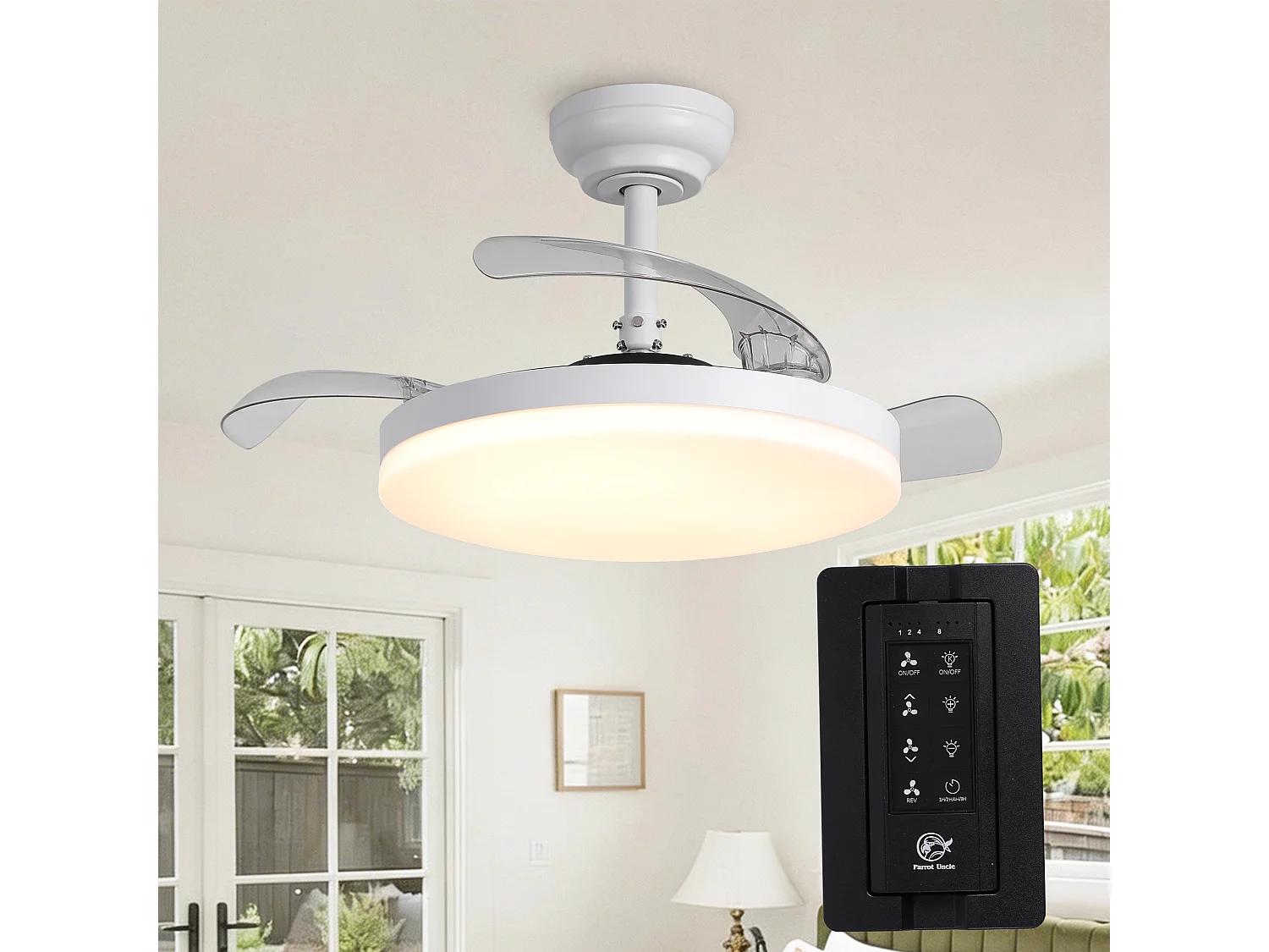 Parrot Uncle Ventilateur de plafond invisible 91 cm avec LED, 6 vitesses, minuteur & télécommande, moteur DC silencieux, 3 températures de couleur, blanc
