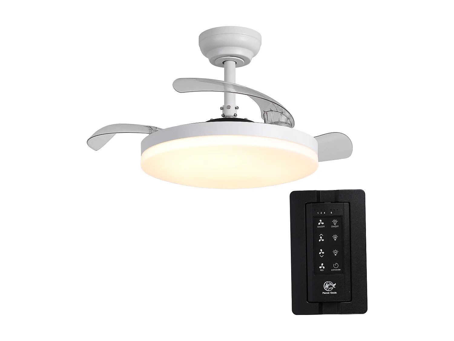 Parrot Uncle Ventilateur de plafond invisible 91 cm avec LED, 6 vitesses, minuteur & télécommande, moteur DC silencieux, 3 températures de couleur, blanc