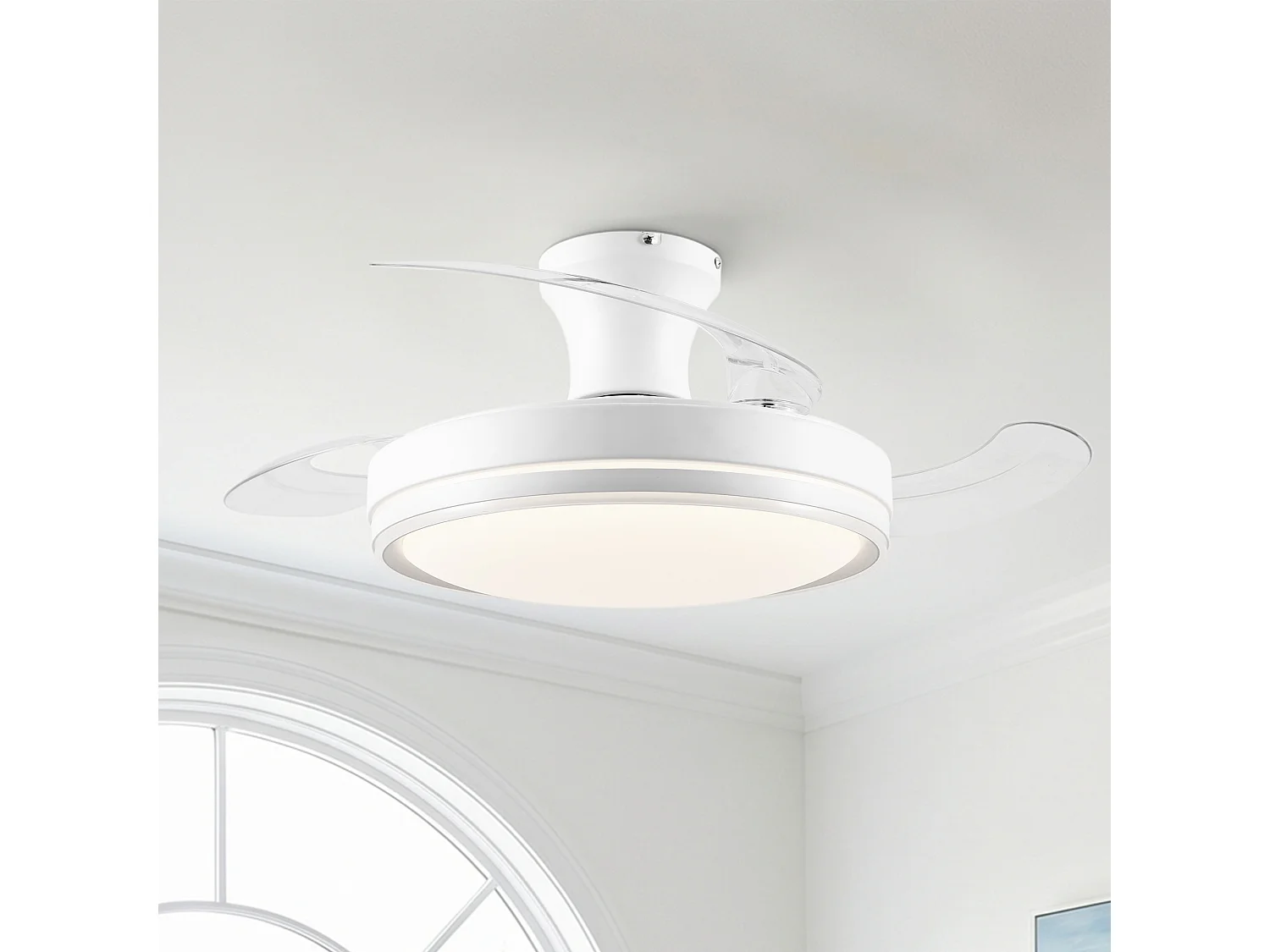 Parrot Uncle Ventilateur de plafond 91,5 cm avec lumière, 4 pales transparentes, éclairage LED dimmable, moteur DC, télécommande, blanc