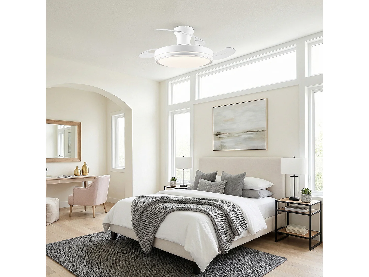 Parrot Uncle Ventilateur de plafond 91,5 cm avec lumière, 4 pales transparentes, éclairage LED dimmable, moteur DC, télécommande, blanc