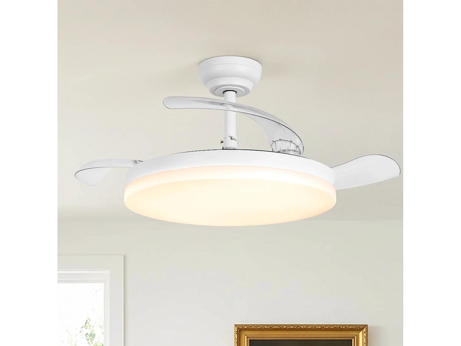 Parrot Uncle Deckenventilator mit LED-Licht, 100 cm, DC-Motor, 6 Geschwindigkeiten, transparente Flügel, Pendelstab, leise, inkl. Fernbedienung, mattweiß