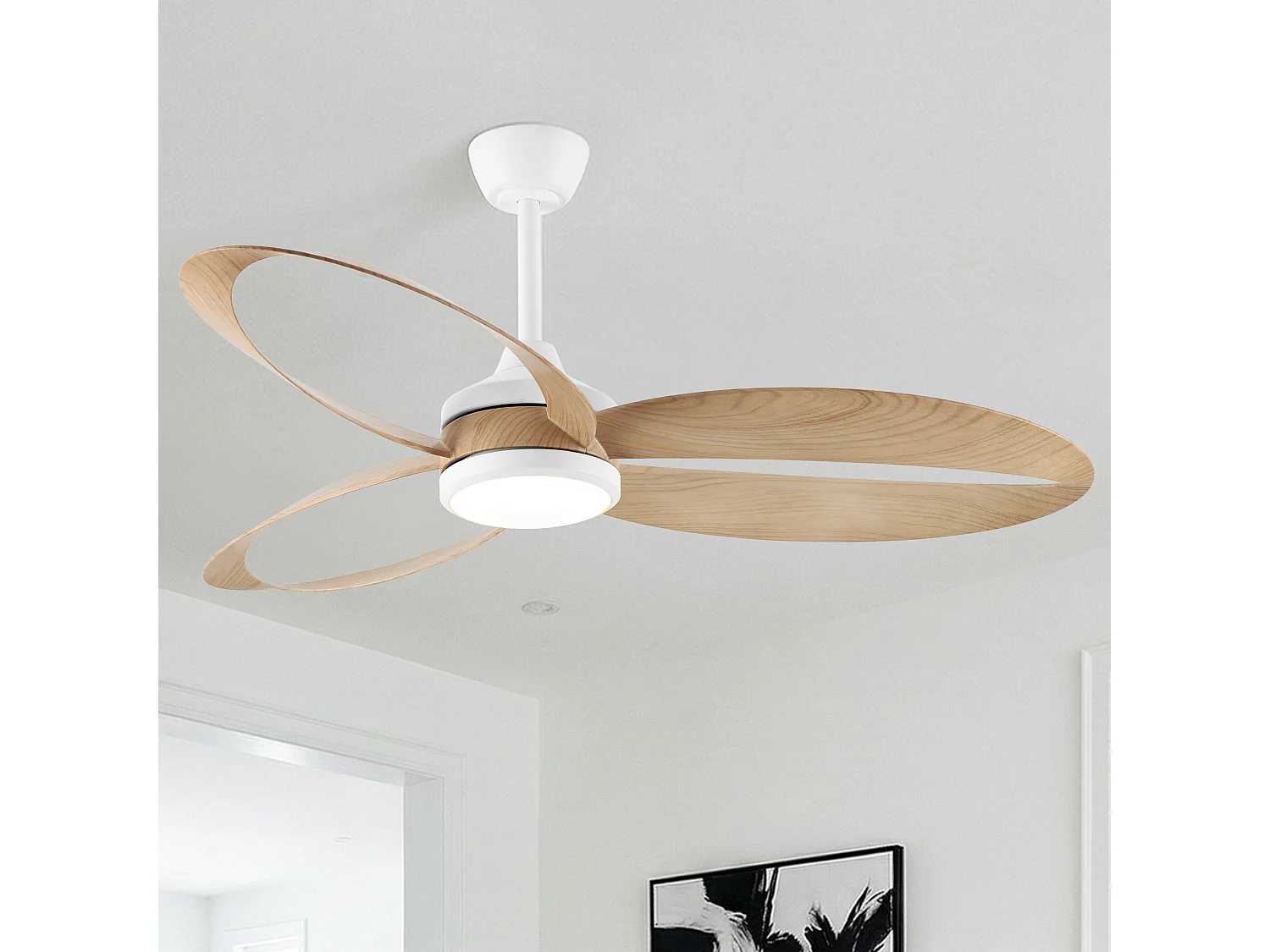 Parrot Uncle Deckenventilator mit LED-Licht, 132 cm Durchmesser, mattweiß, Holzmaserung Flügel, 6 Geschwindigkeiten, dimmbar