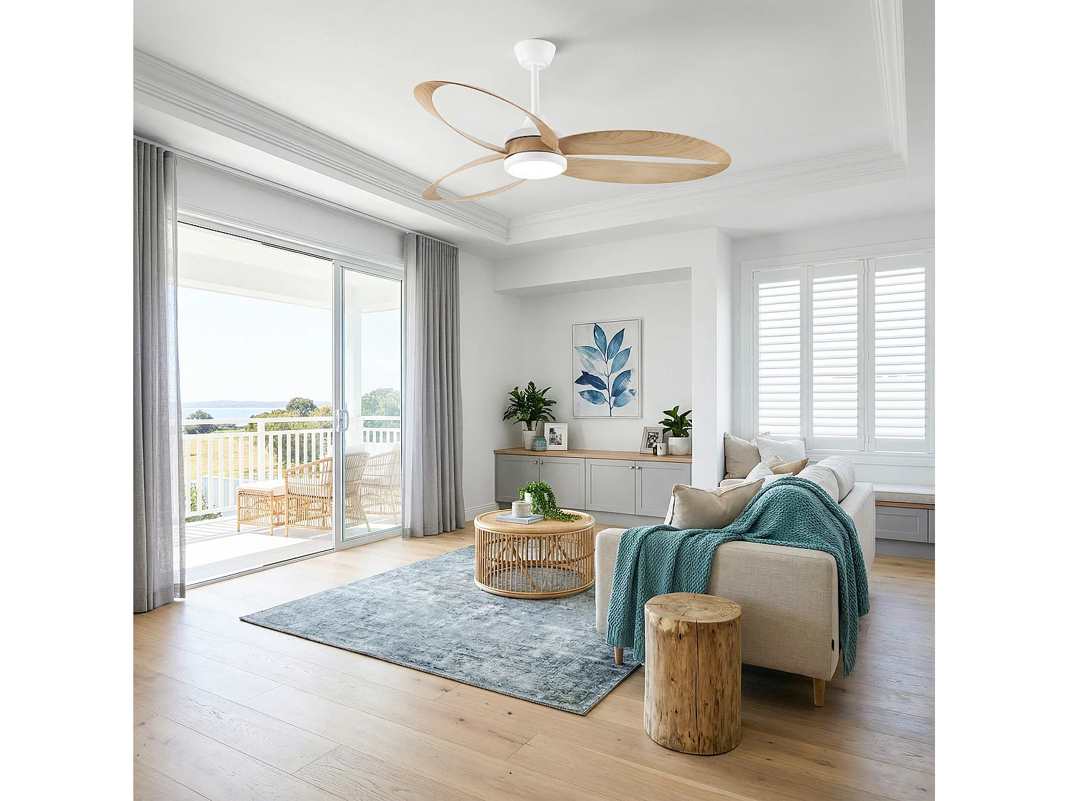 Parrot Uncle Deckenventilator mit LED-Licht, 132 cm Durchmesser, mattweiß, Holzmaserung Flügel, 6 Geschwindigkeiten, dimmbar
