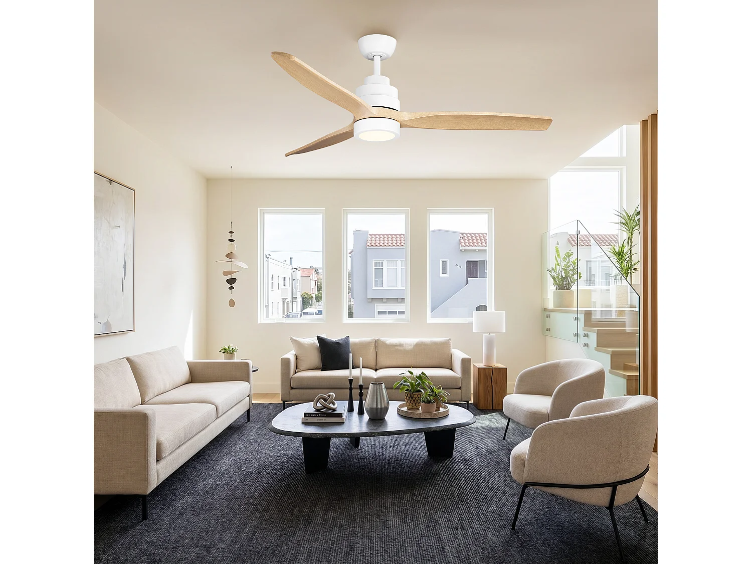 Parrot Uncle Deckenventilator mit LED-Licht, 132 cm, Holzoptik-Flügel, DC-Motor, 6 Geschwindigkeiten, Pendelstab, leise, inkl. Fernbedienung