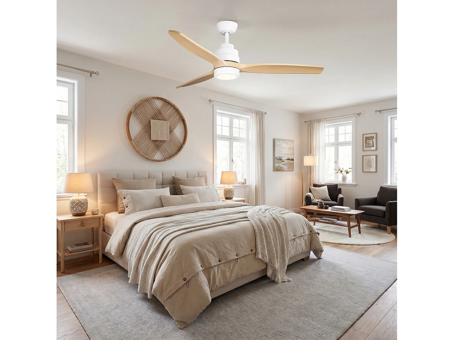 Parrot Uncle Deckenventilator mit LED-Licht, 132 cm, Holzoptik-Flügel, DC-Motor, 6 Geschwindigkeiten, Pendelstab, leise, inkl. Fernbedienung