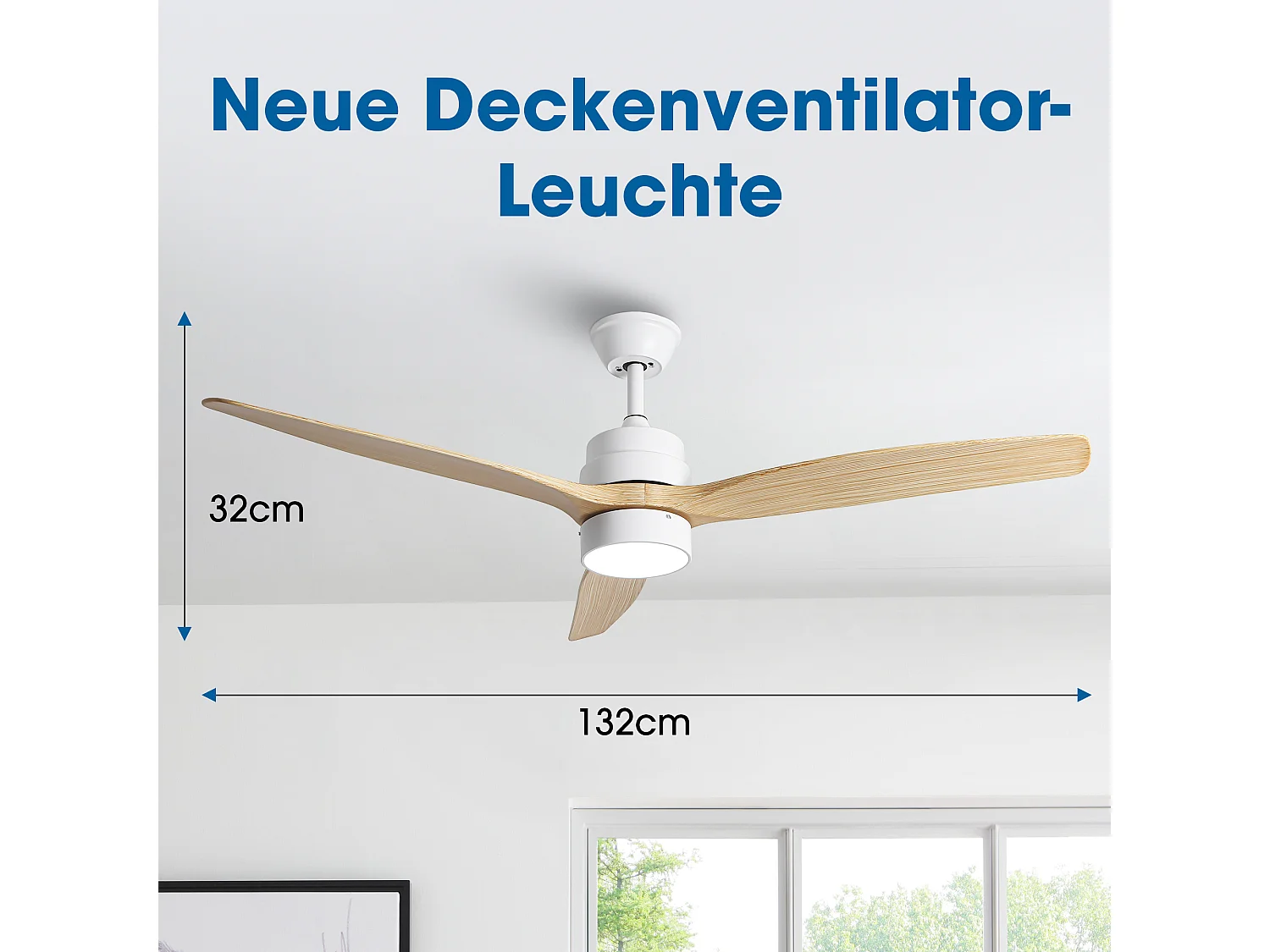 Parrot Uncle Deckenventilator mit LED-Licht, 132 cm, Holzoptik-Flügel, DC-Motor, 6 Geschwindigkeiten, Pendelstab, leise, inkl. Fernbedienung