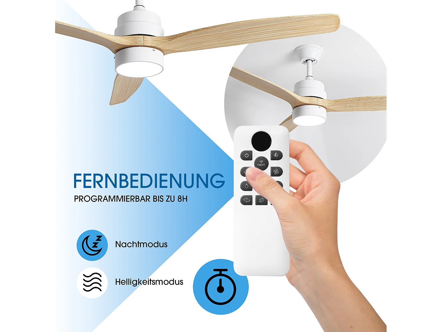 Parrot Uncle Deckenventilator mit LED-Licht, 132 cm, Holzoptik-Flügel, DC-Motor, 6 Geschwindigkeiten, Pendelstab, leise, inkl. Fernbedienung