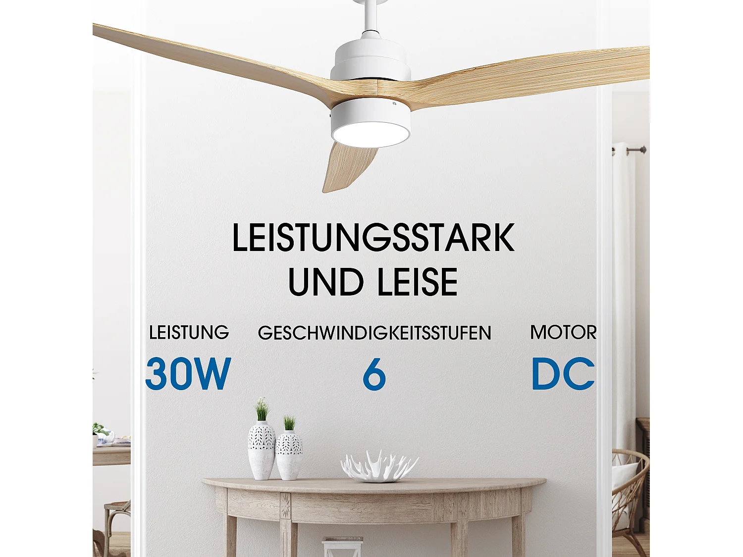 Parrot Uncle Deckenventilator mit LED-Licht, 132 cm, Holzoptik-Flügel, DC-Motor, 6 Geschwindigkeiten, Pendelstab, leise, inkl. Fernbedienung